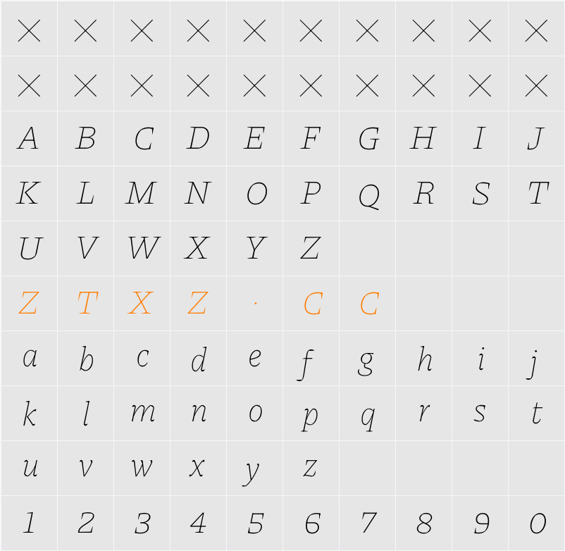 Piazzolla Thin Italic 字体映射图