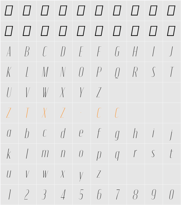 Moniqa Thin Ita Display 字体映射图