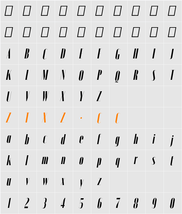 Moniqa ExtBd Cond Ita Display 字体映射图