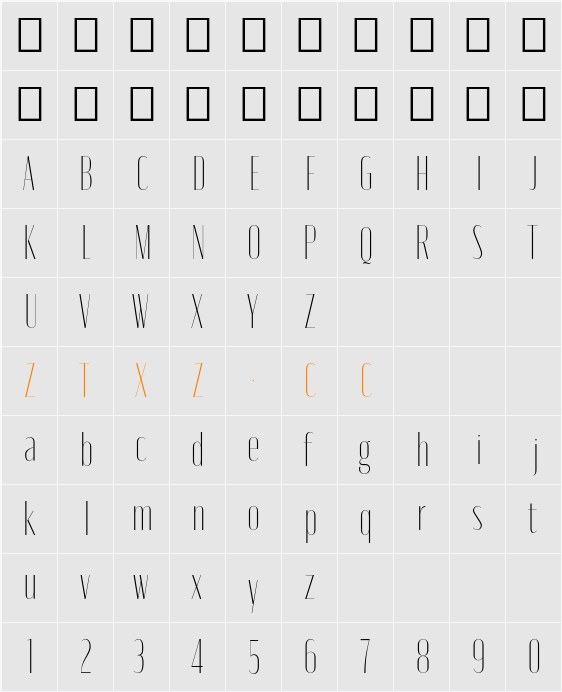 Moniqa Thin Narrow Display 字体映射图