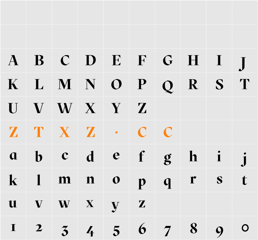 Mazius Display 字体映射图