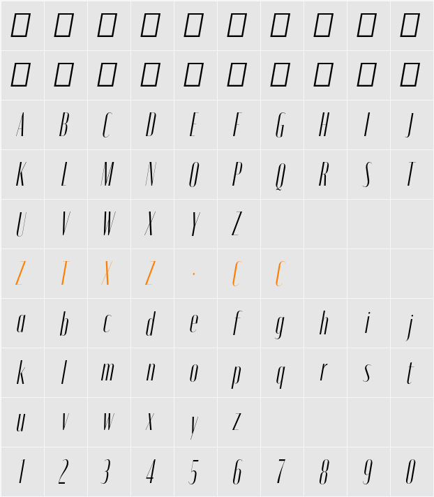 Moniqa Light Cond Ita Display 字体映射图