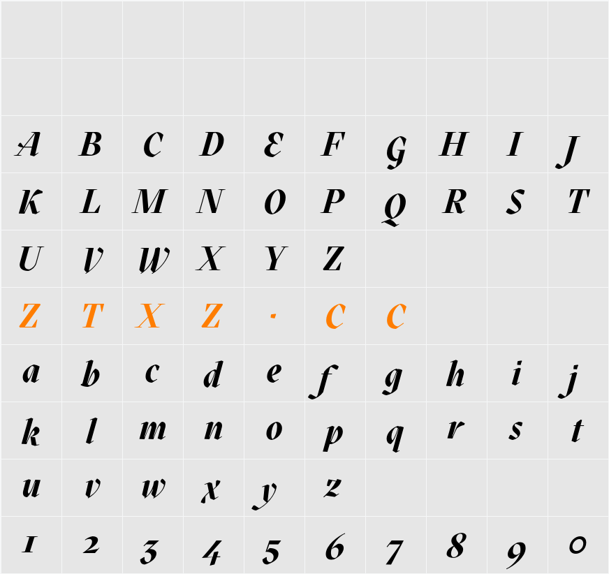 Mazius Display Extra Italic 字体映射图