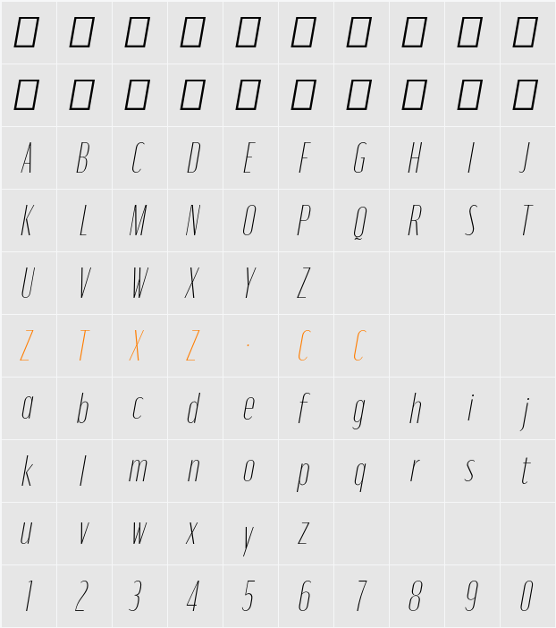 Moniqa Thin Narrow Ita Heading 字体映射图