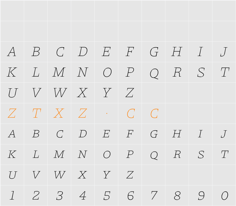 Piazzolla SC Thin Italic 字体映射图