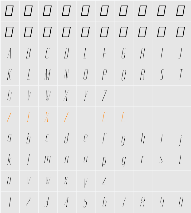 Moniqa Thin Narrow Ita Display 字体映射图