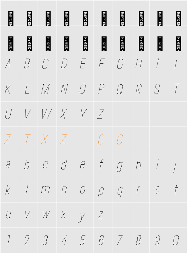 Lama Sans Thin Condensed Italic 字体映射图