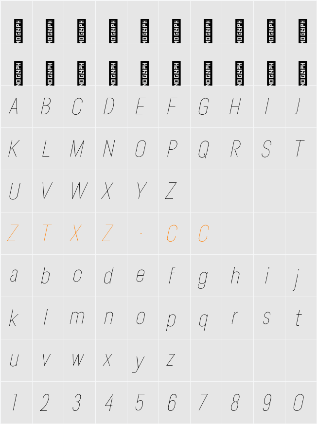 Lama Sans Thin Condensed Italic 字体映射图