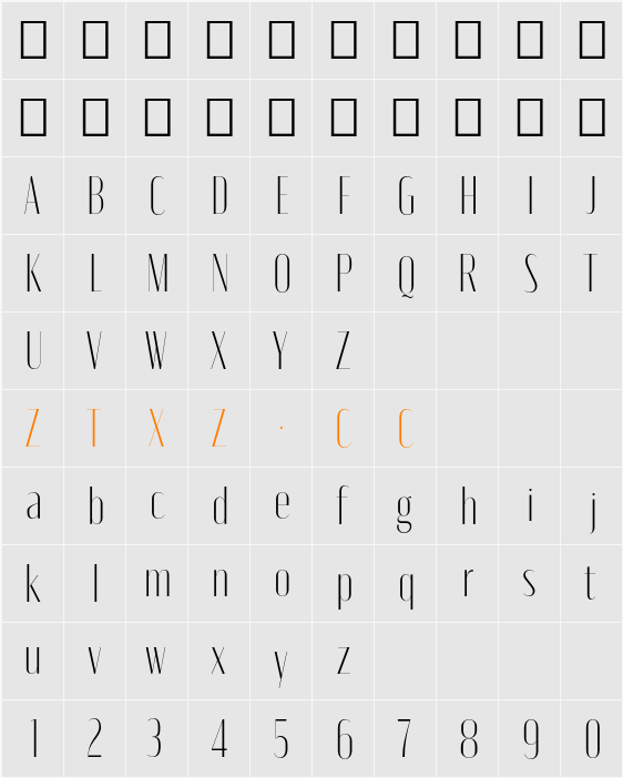 Moniqa ExtLt Display 字体映射图
