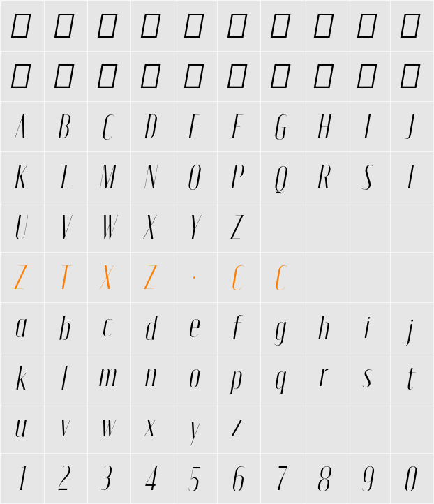 Moniqa Light Ita Display 字体映射图