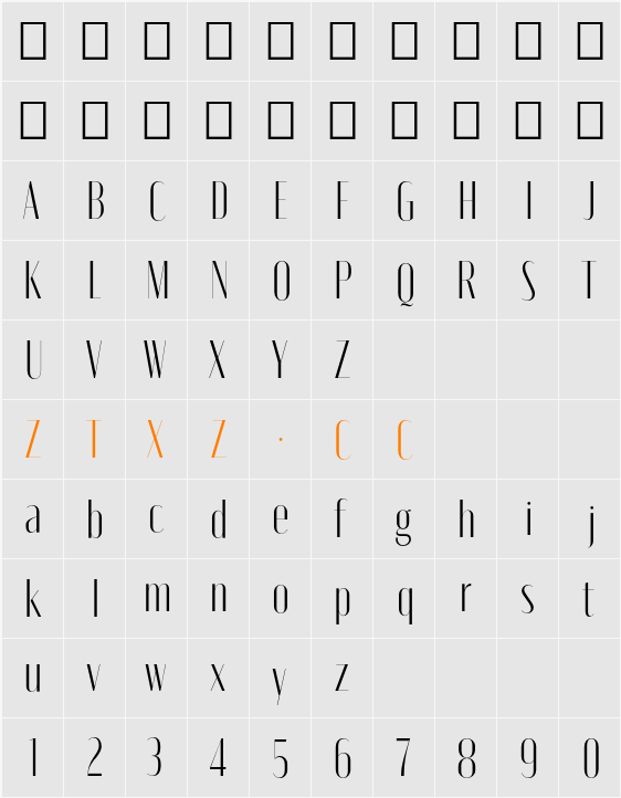 Moniqa Light Display 字体映射图