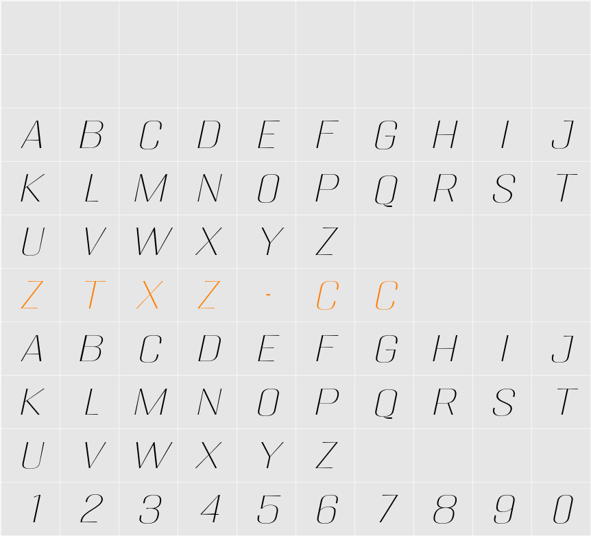 Migha Thin Exp Slant 字体映射图