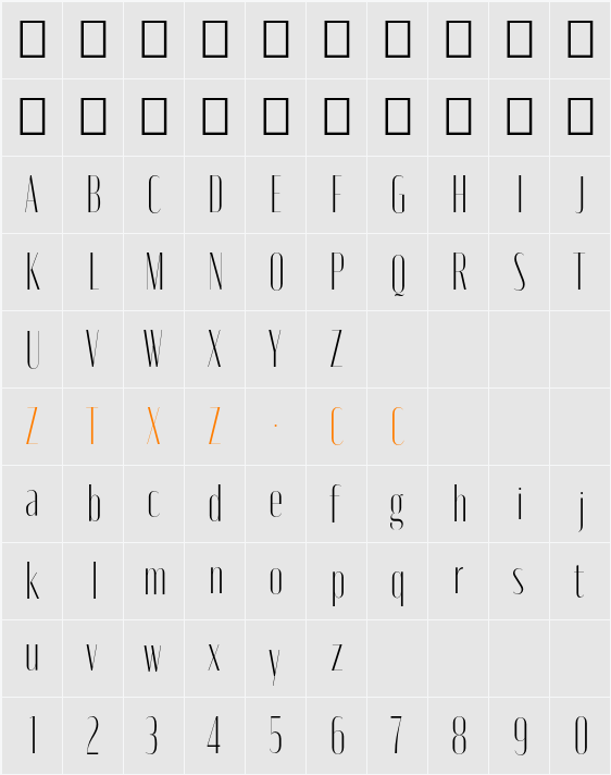 Moniqa ExtLt Narrow Display 字体映射图