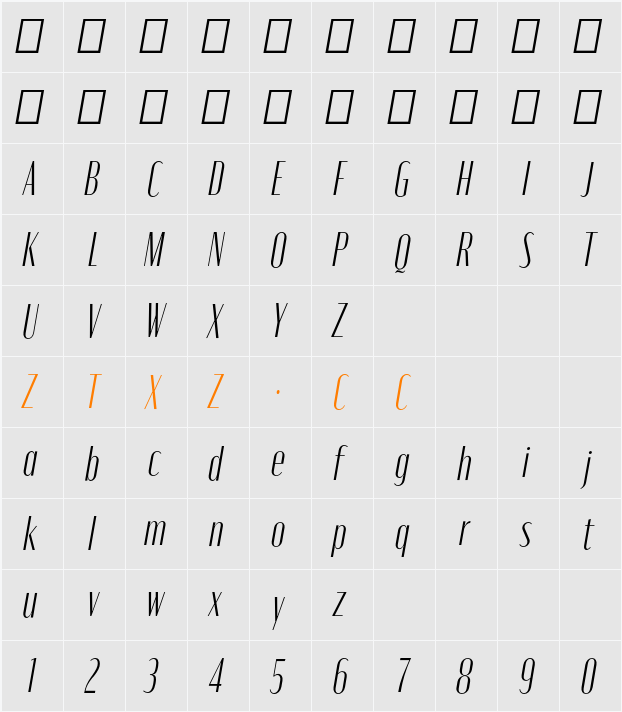 Moniqa Light Narrow Ita Heading 字体映射图