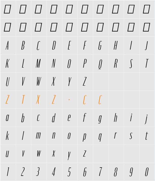 Moniqa Light Cond Ita Paragraph 字体映射图