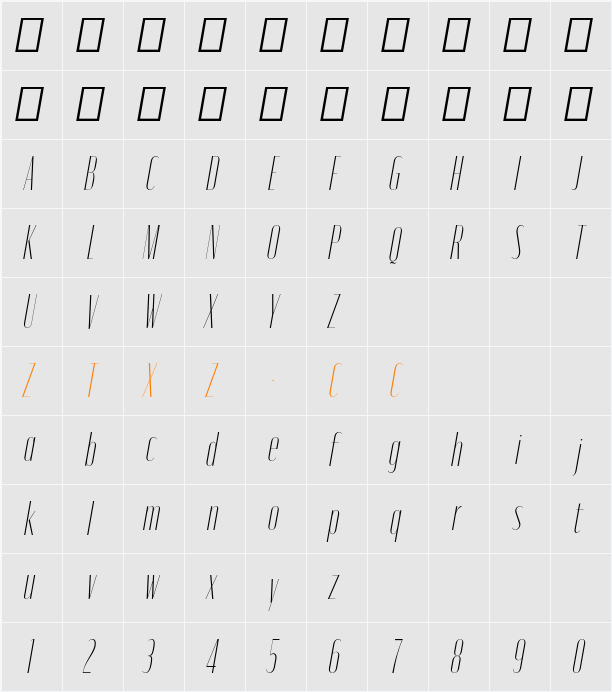 Moniqa Thin Cond Ita Display 字体映射图