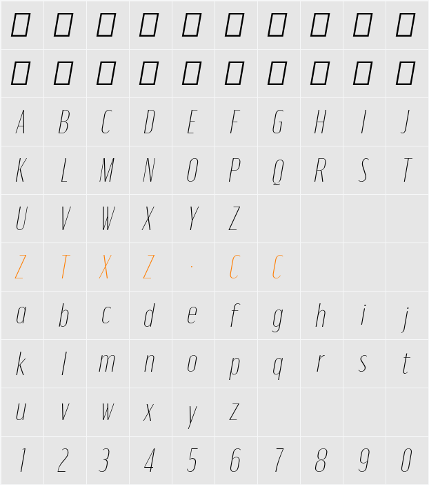 Moniqa Thin Ita Heading 字体映射图