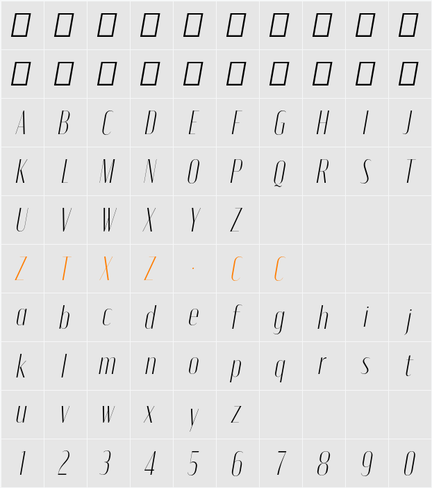 Moniqa ExtLt Ita Display 字体映射图