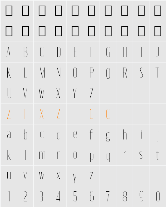 Moniqa Thin Display 字体映射图