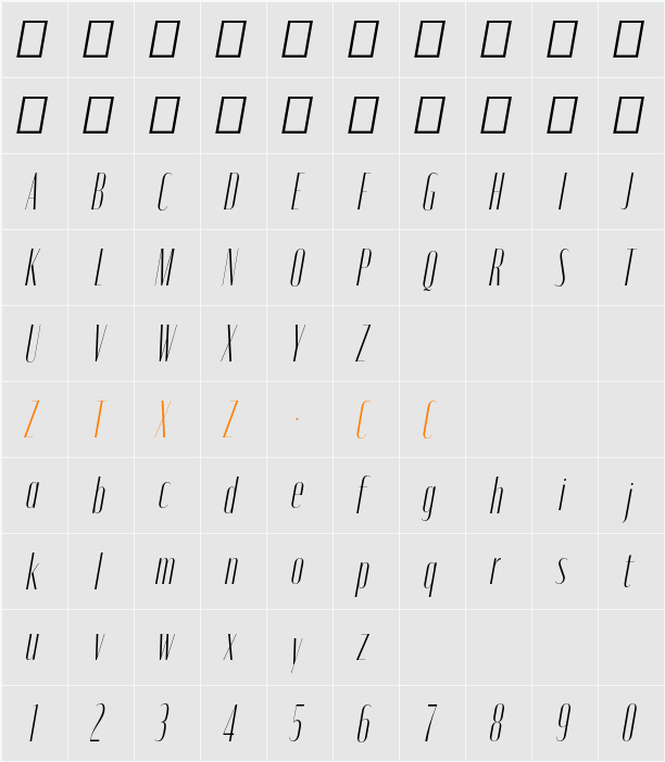 Moniqa ExtLt Cond Ita Display 字体映射图
