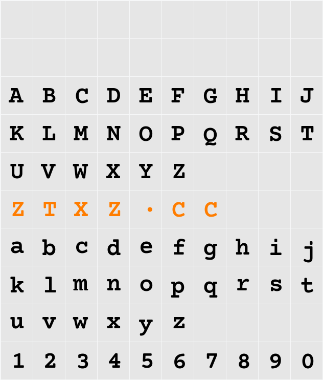 Courier Prime SemiBold 字体映射图