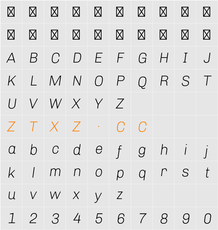 Chivo Thin Italic 字体映射图
