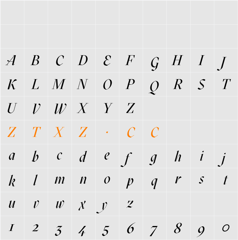 Mazius Display Extra italic 字体映射图