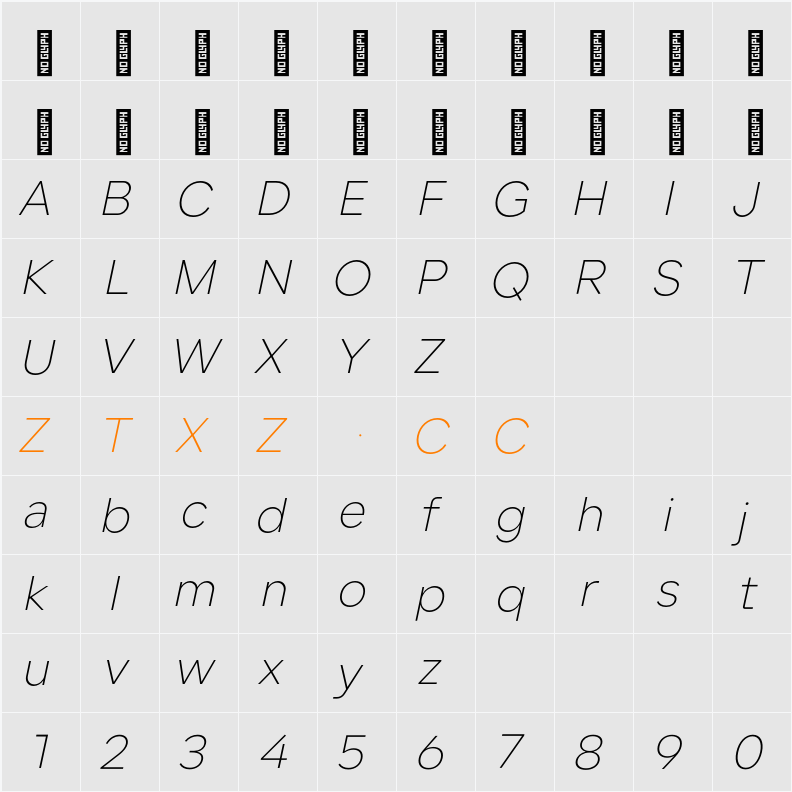Lama Sans ExtraLight Italic 字体映射图