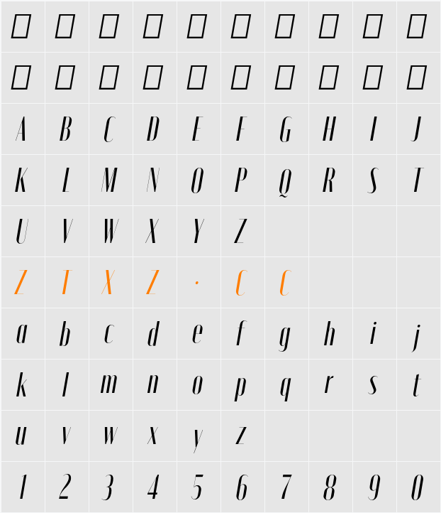 Moniqa Med Narrow Ita Display 字体映射图