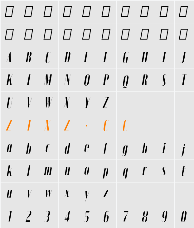 Moniqa Narrow Ita Display 字体映射图