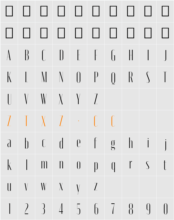Moniqa Light Narrow Display 字体映射图