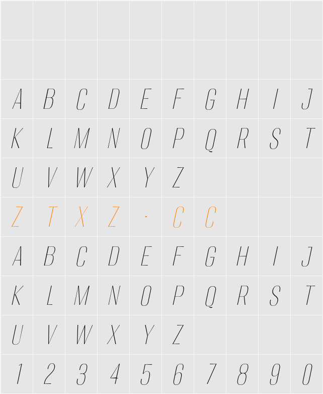 Migha Thin Cond Slant 字体映射图