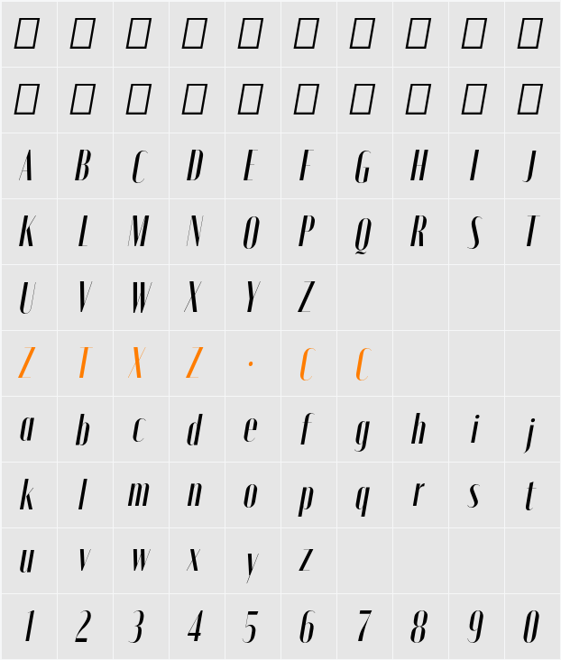 Moniqa SemBd Narrow Ita Display 字体映射图