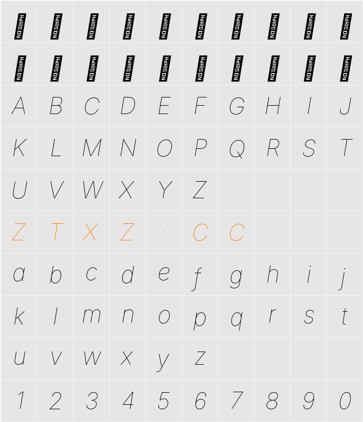 Inter Thin 字体映射图